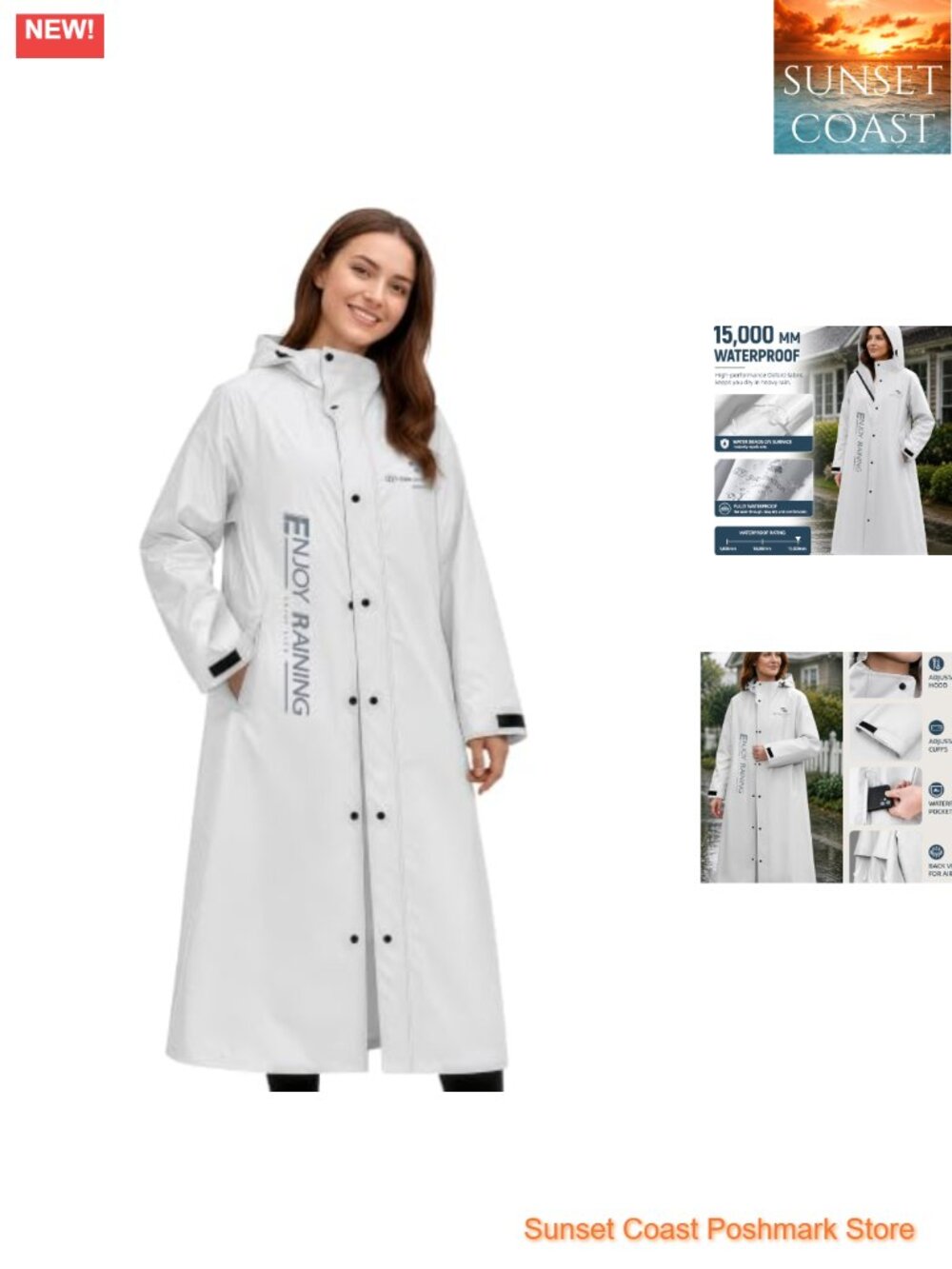 Waterproof Long Rain Jacket Hooded Packable Lightweight